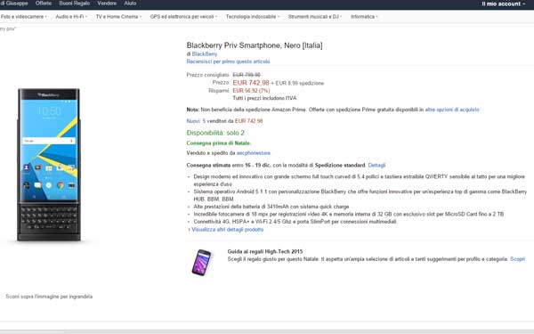 Blackberry Priv disponibile Italia